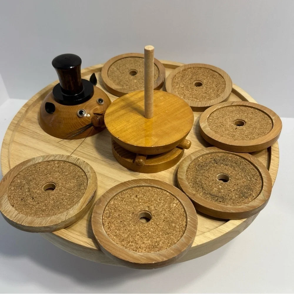 Vintage Mid Century Wooden Cat Mouse Cork Coaster Set Boling Style